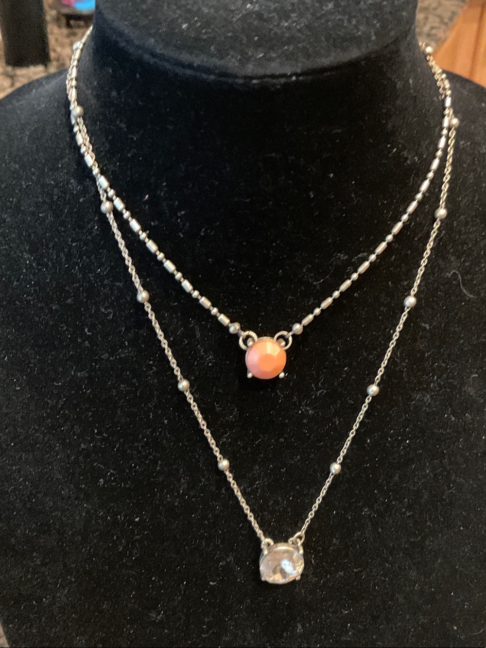 Layered brass Necklace Set with Pink Opal color  and Clear Crystal Pendants